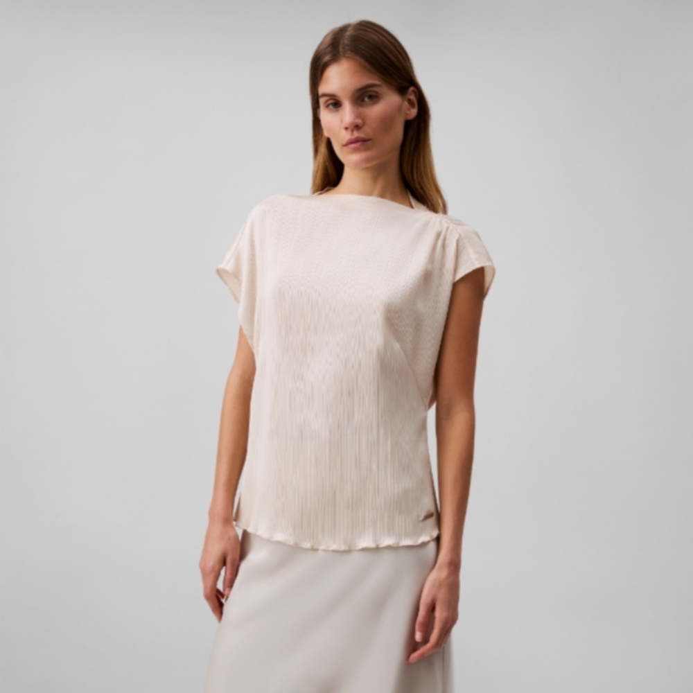 Calvin Klein Ruched Tan and Cream Cuffed Sleeve Blouse